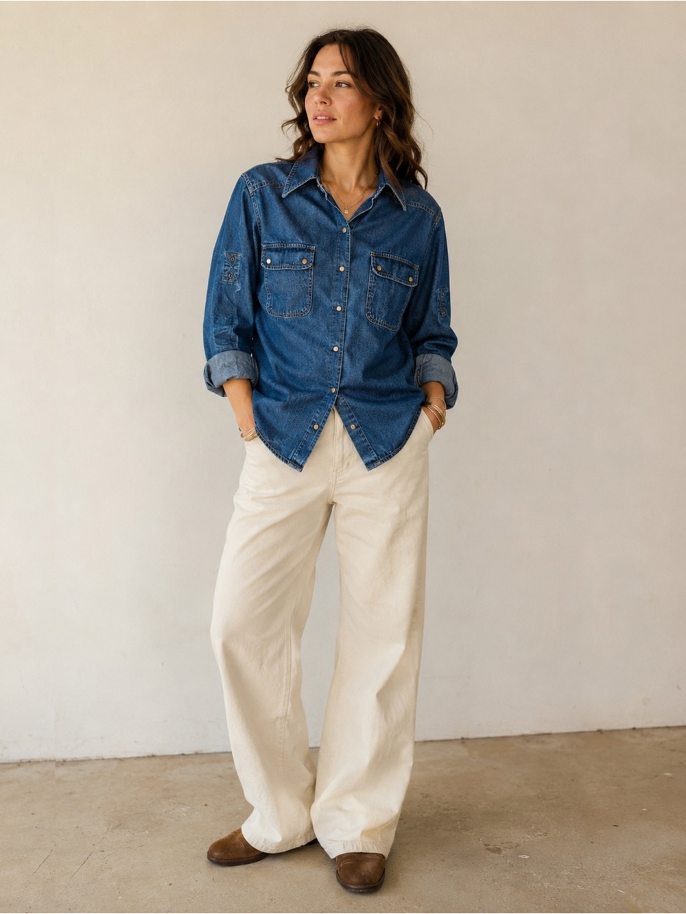i. e Relaxed Woman Denim Snap Button Western Shirt Dark Wash Long Sleeve Utility - Picture 3 of 15